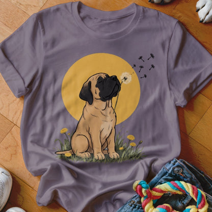 Gray t-shirt featuring a cartoon mastiff puppy blowing dandelion seeds against a yellow moon.