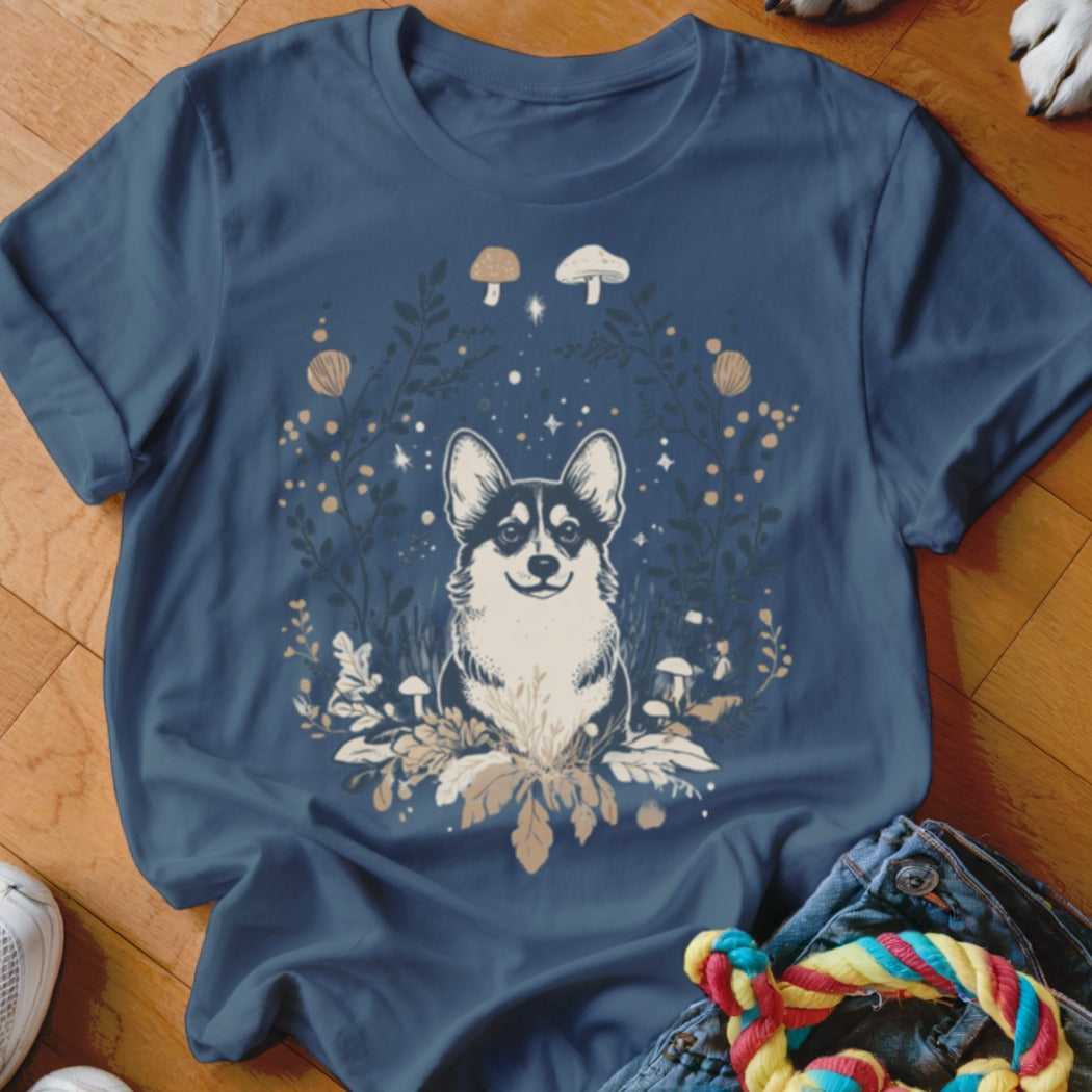 T-shirt with a Corgi illustration surrounded by mushrooms and foliage.