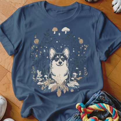 T-shirt with a Corgi illustration surrounded by mushrooms and foliage.