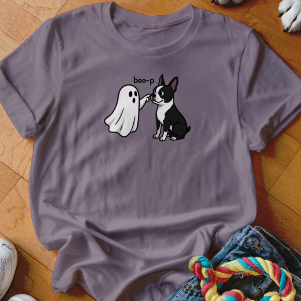 T-shirt with cartoon of a ghost booping a Boston Terrier with the text "boo-p".