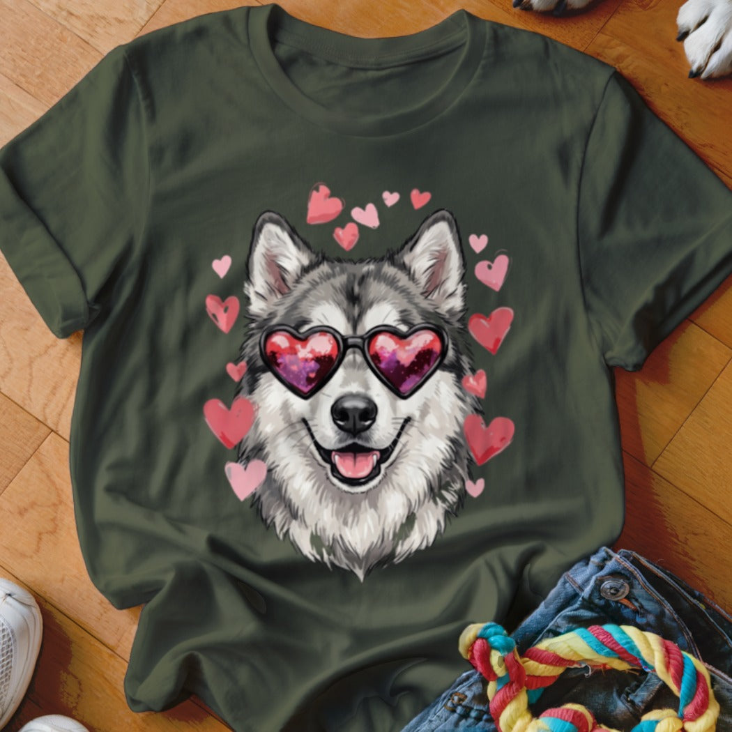 Olive green t-shirt featuring a Siberian husky wearing heart-shaped sunglasses surrounded by pink hearts.