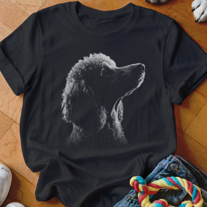 Black t-shirt with a grey poodle portrait on the front.