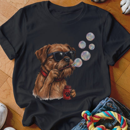 Black t-shirt featuring an illustration of a brown dog wearing sunglasses and blowing soap bubbles.