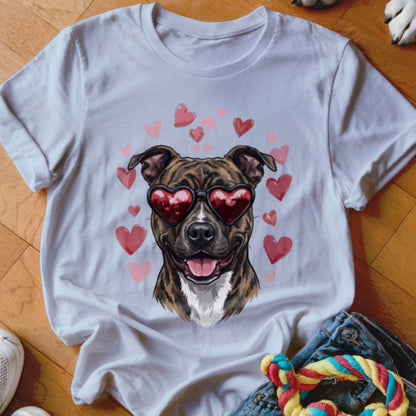 White crewneck t-shirt featuring a graphic of a brindle dog wearing heart-shaped sunglasses surrounded by pink hearts.