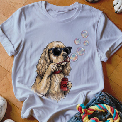 A white t-shirt featuring a graphic of a Cocker Spaniel blowing bubbles while wearing sunglasses.