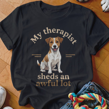 T-shirt with a Jack Russell Terrier graphic and text: "My therapist sheds an awful lot".