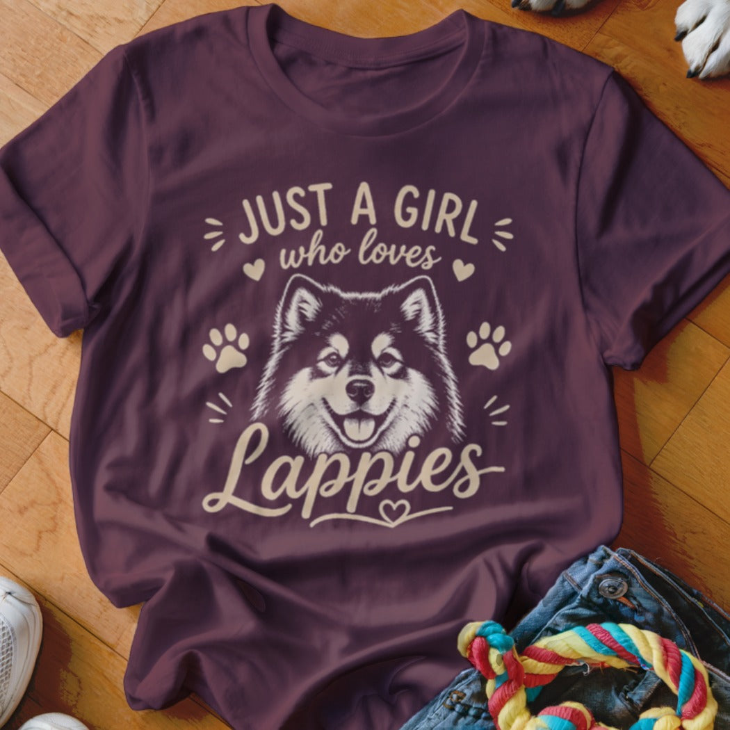 Maroon t-shirt with "Just a girl who loves Lappies" text and dog illustration.