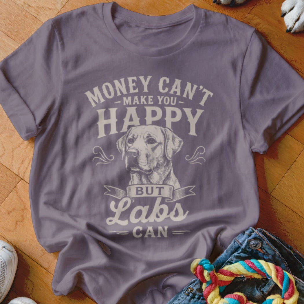 Purple t-shirt with "Money Can't Make You Happy But Labs Can" and a Labrador dog illustration.