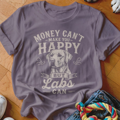 Purple t-shirt with "Money Can't Make You Happy But Labs Can" and a Labrador dog illustration.