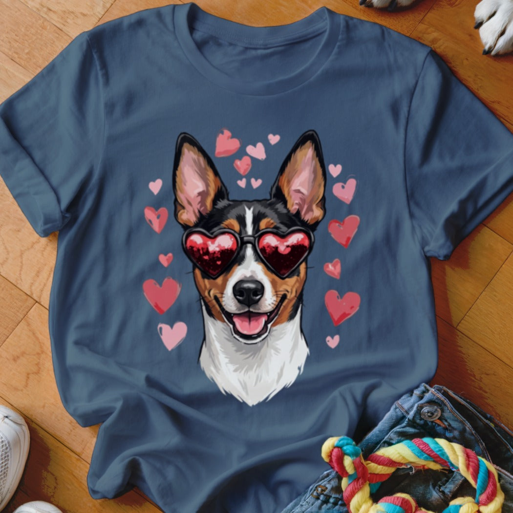 Blue crewneck t-shirt featuring a graphic of a smiling dog wearing heart-shaped sunglasses surrounded by pink hearts.