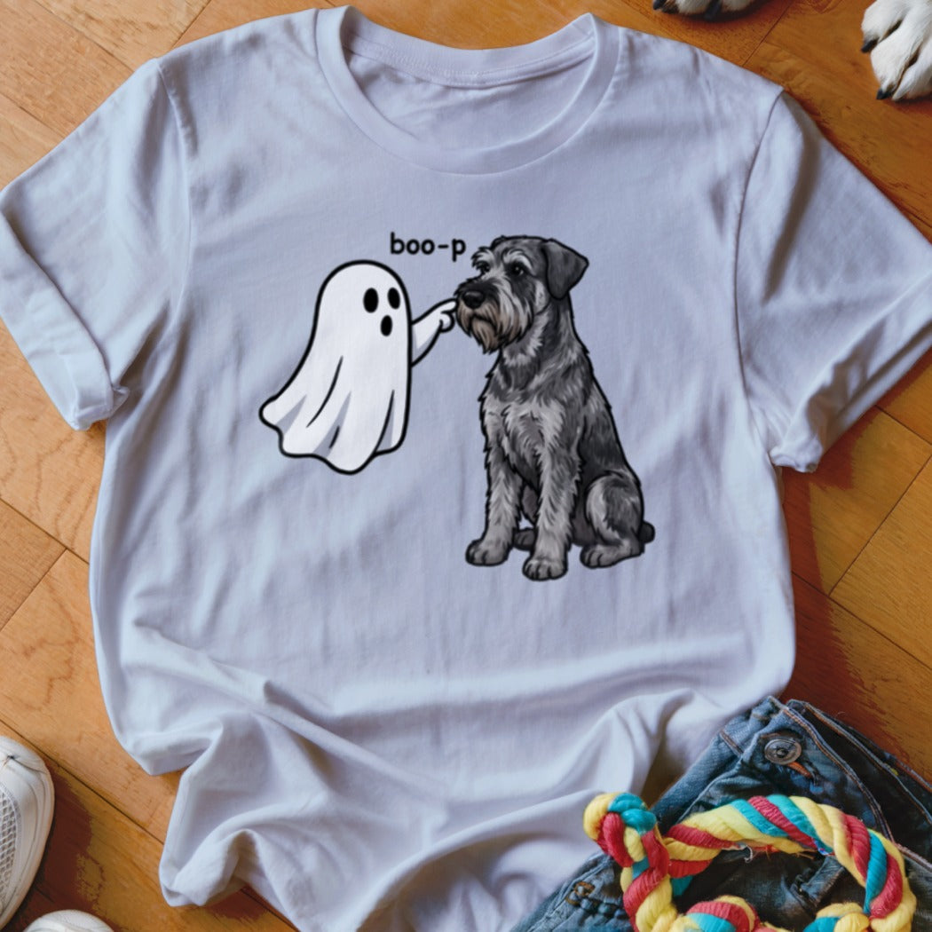 Ghost booping a Miniature Schnauzer with "boo-p" text on a white t-shirt.