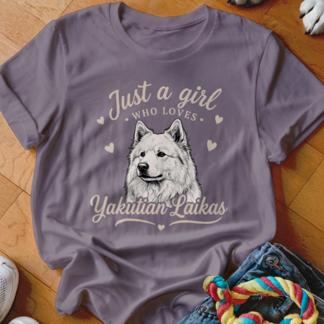 A purple t-shirt featuring a sketch of a Yakutian Laika and text reading Just a girl who loves Yakutian Laikas.