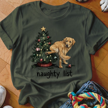 Golden retriever pees on Christmas tree with "naughty list" text.