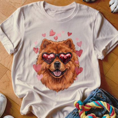 Beige t-shirt featuring a fluffy brown dog wearing heart-shaped sunglasses, surrounded by pink hearts.