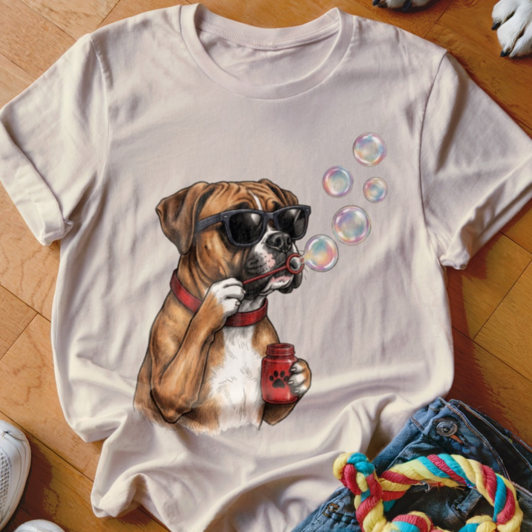 Light-colored t-shirt featuring a graphic of a boxer dog wearing sunglasses and blowing soap bubbles.