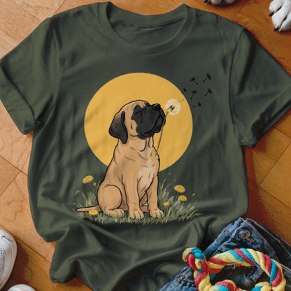 Dark green t-shirt featuring a graphic of a mastiff puppy blowing dandelion seeds against a yellow moon background.