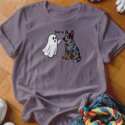 Gray t-shirt with cartoon ghost saying "boo-p" to a blue heeler dog.