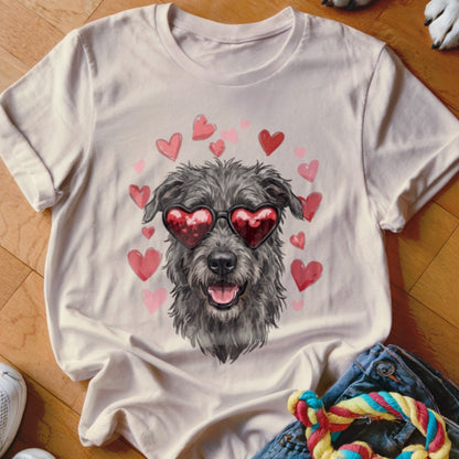 A light-colored t-shirt featuring a graphic of a scruffy dog wearing heart-shaped sunglasses surrounded by floating hearts.
