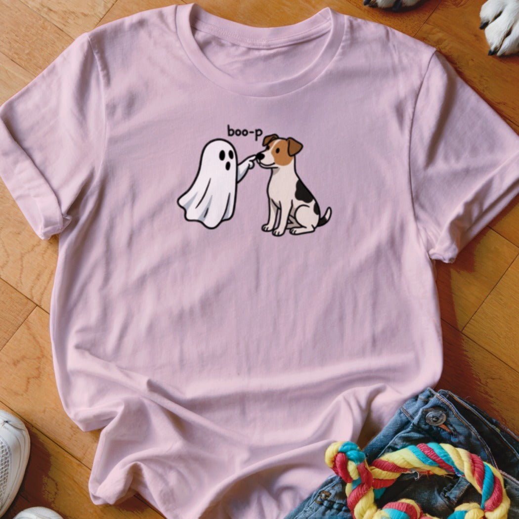 Pink t-shirt with a cartoon ghost booping a sitting dog, text reads "boo-p".