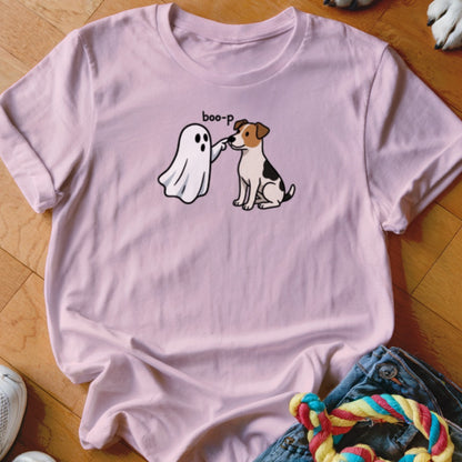 Pink t-shirt with a cartoon ghost booping a sitting dog, text reads "boo-p".
