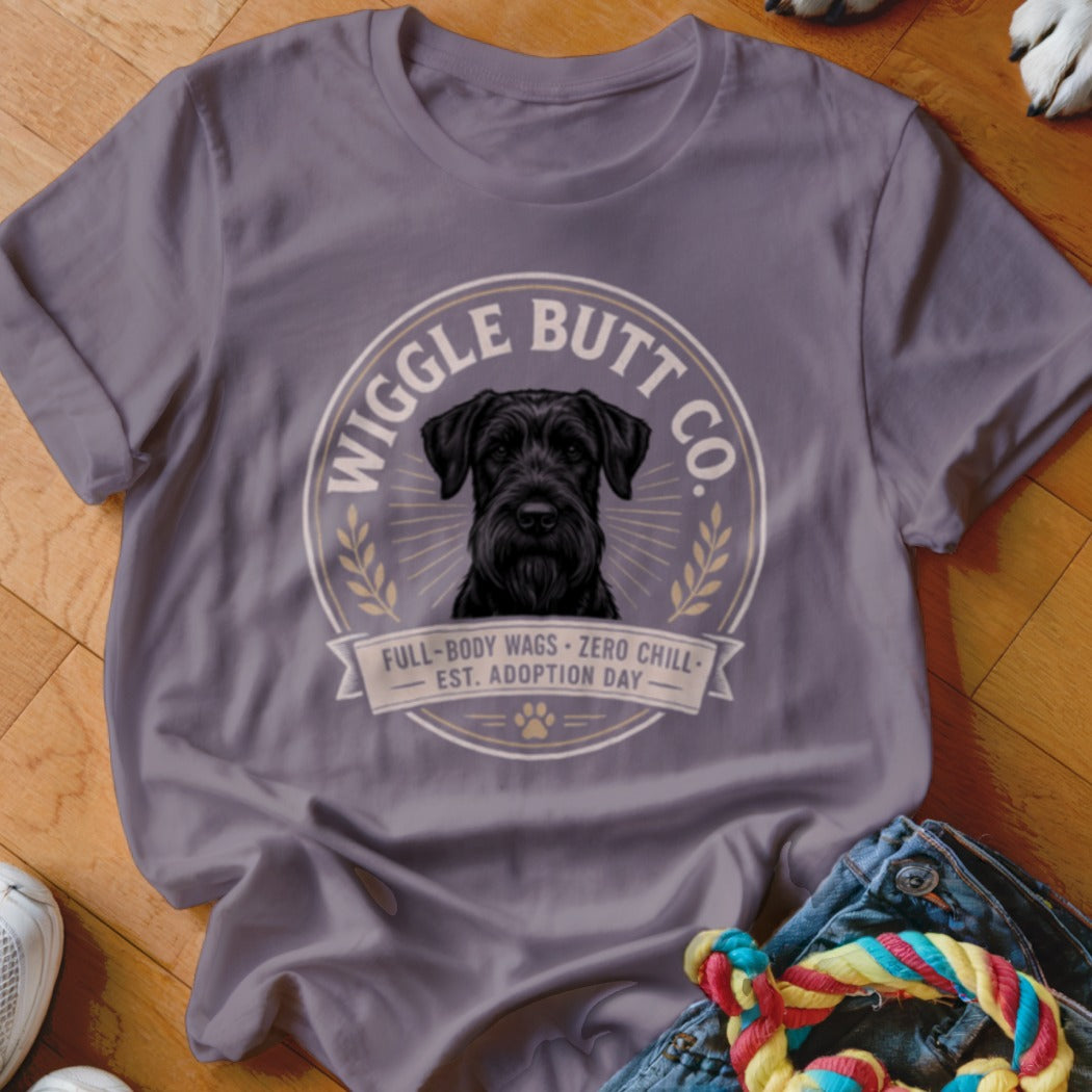 Grey t-shirt with "Wiggle Butt Co." and a black dog graphic.