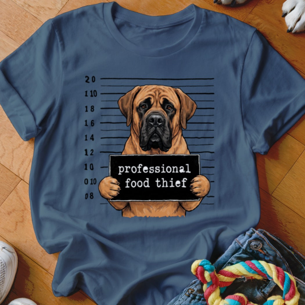 Mastiff dog mugshot with text "professional food thief" on t-shirt.