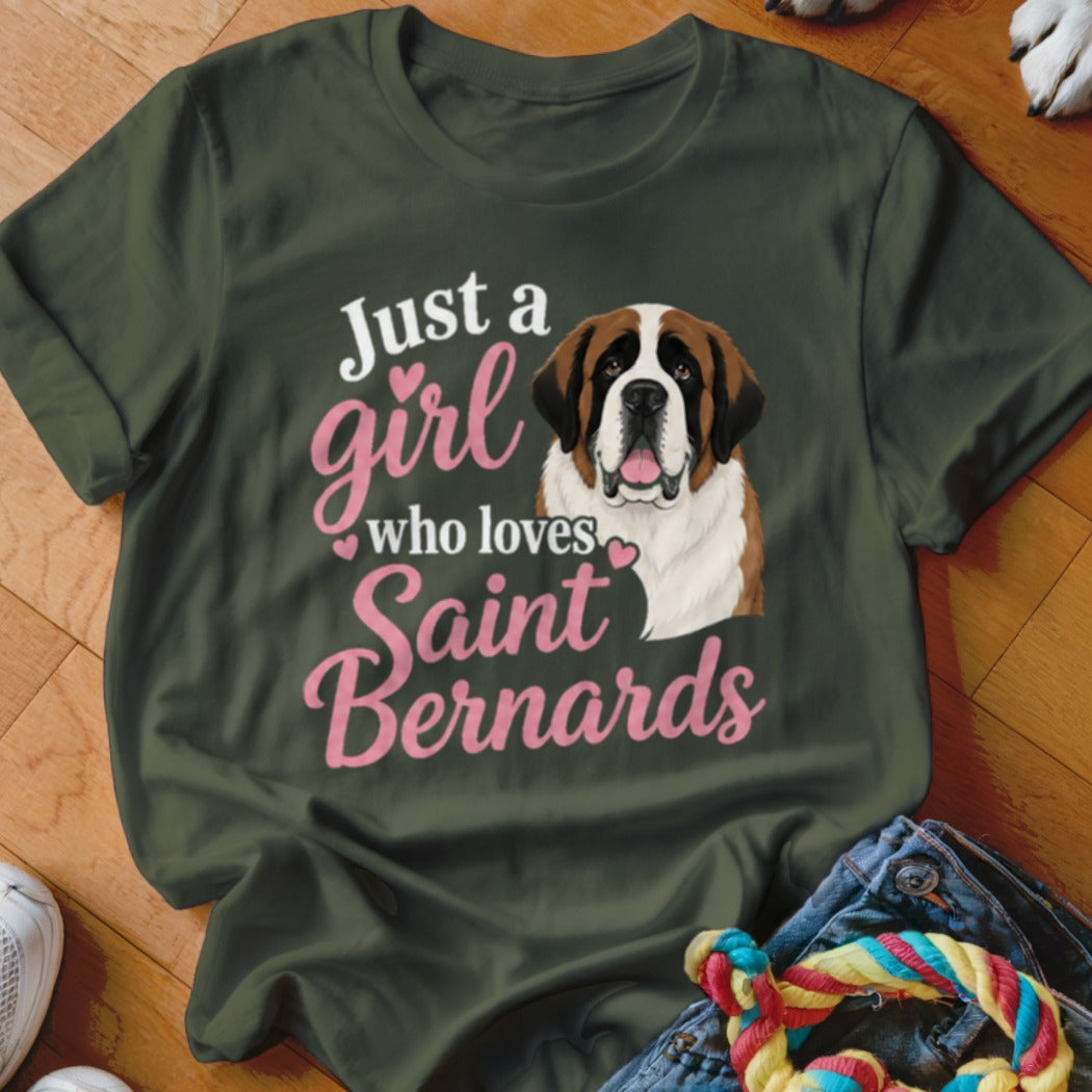 Green t-shirt with "Just a girl who loves Saint Bernards" and a dog graphic.