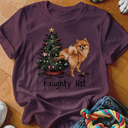 Pomeranian dog near Christmas tree with text "naughty list".