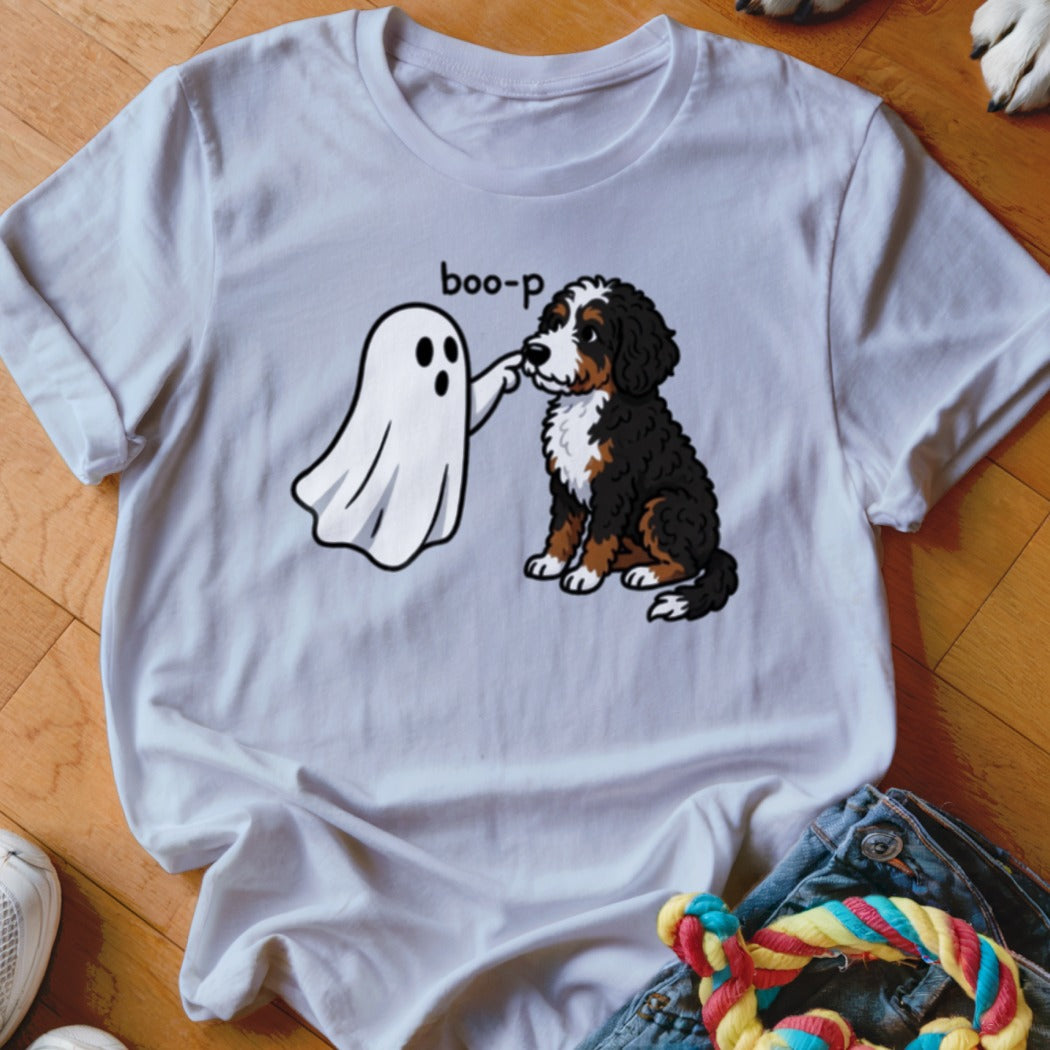 White t-shirt with cartoon ghost booing a Bernese Mountain Dog.