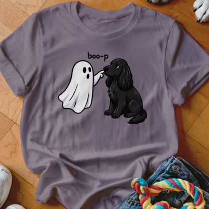 Ghost playfully booping a black dog's nose with "boo-p" text.