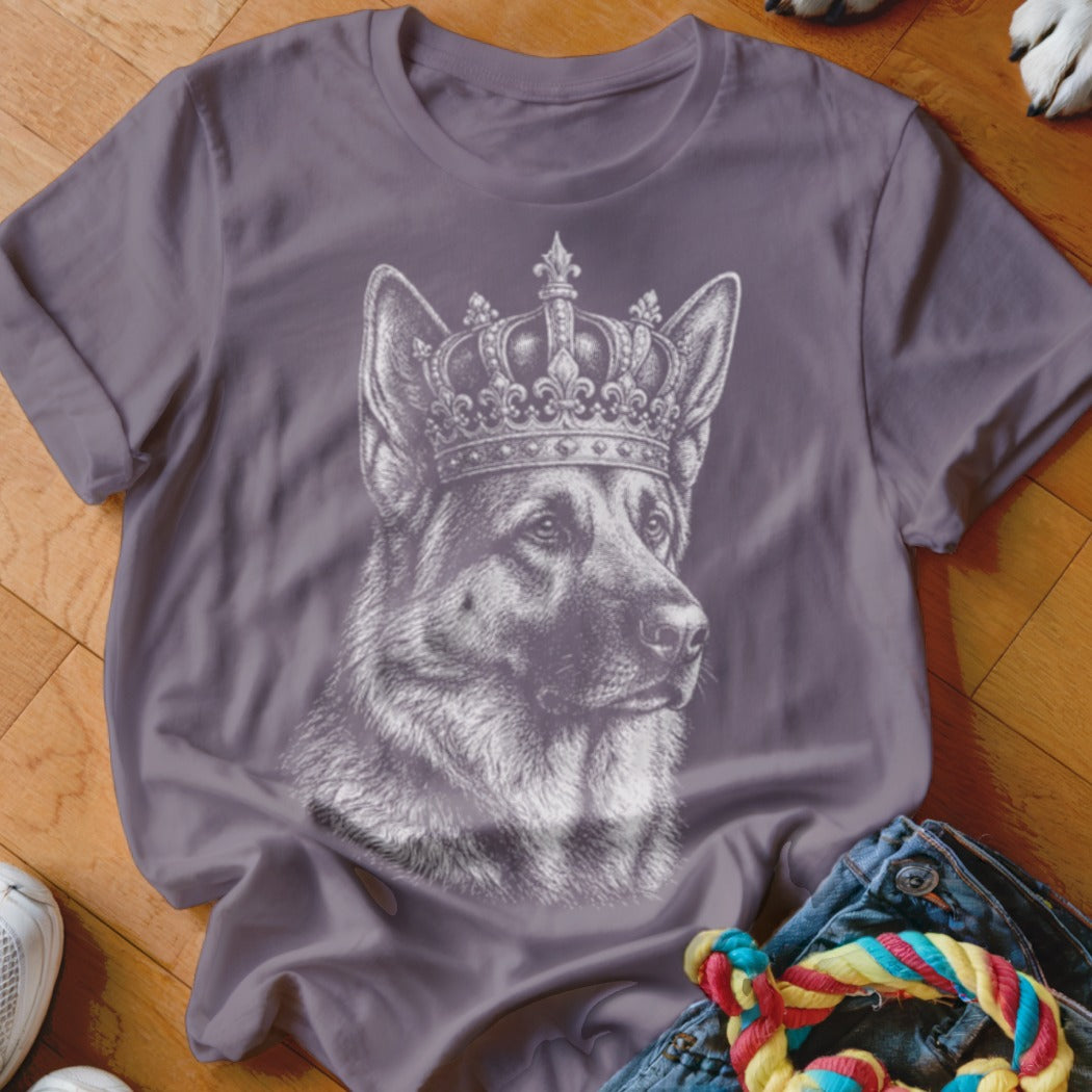 German Shepherd wearing a crown, depicted in a sketch on a purple t-shirt.