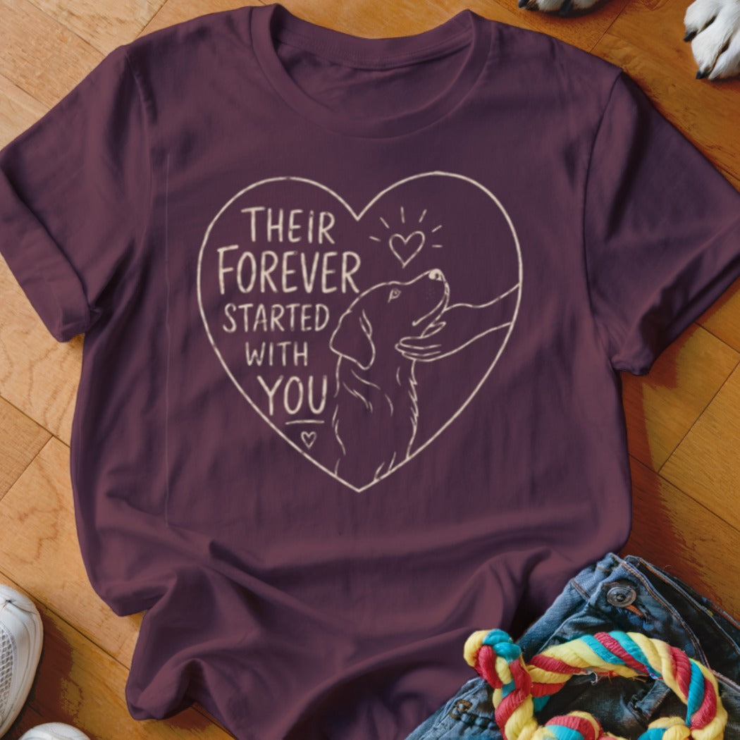 Maroon t-shirt with white heart graphic: "Their Forever Started with You" and a dog.