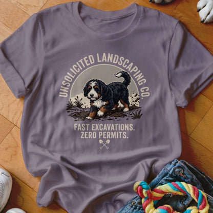 Bernese Mountain Dog digging in dirt with text "Unsolicited Landscaping Co. Fast Excavations. Zero Permits."