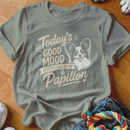 Light grey t-shirt with "Today's GOOD MOOD IS SPONSORED BY MY Papillon" and a dog.