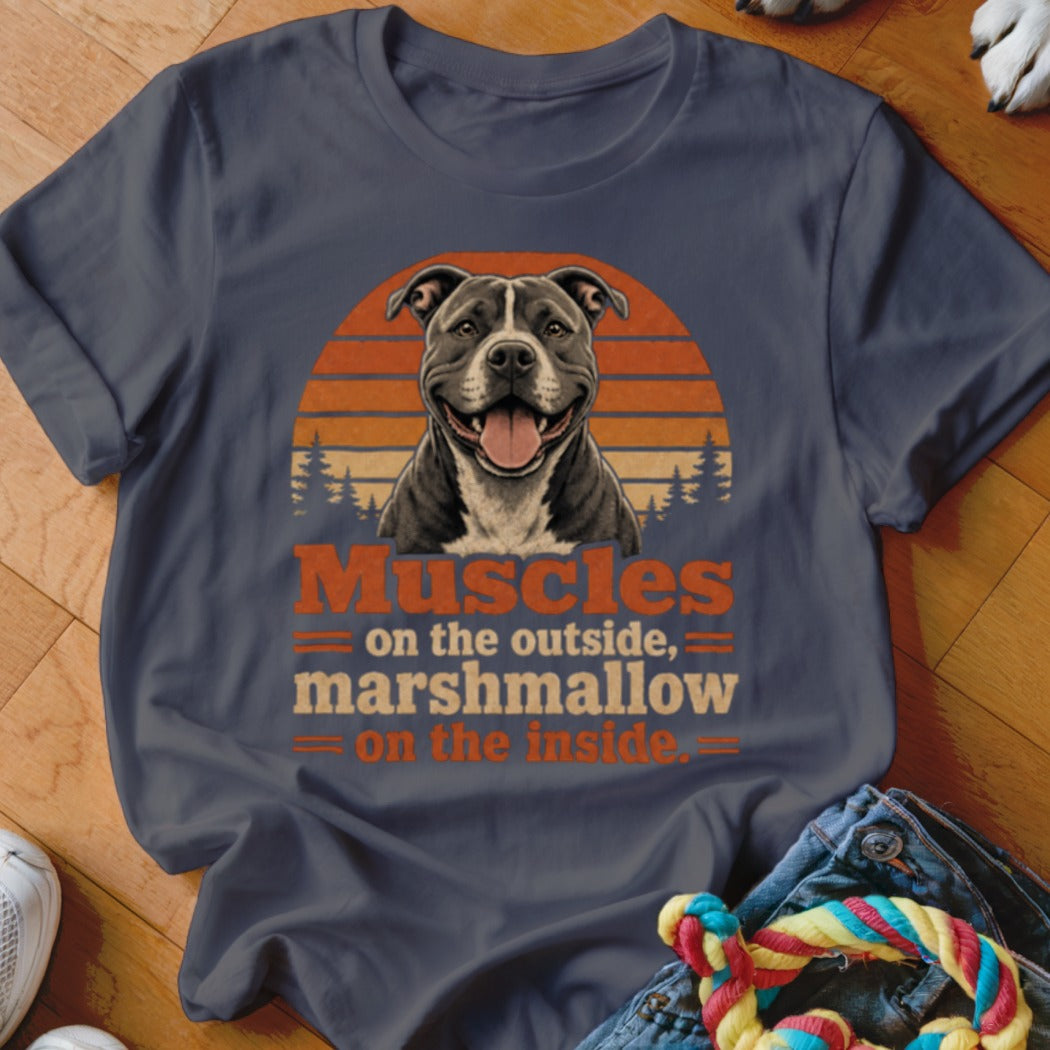 T-shirt with smiling pitbull and text "Muscles on the outside, marshmallow on the inside."