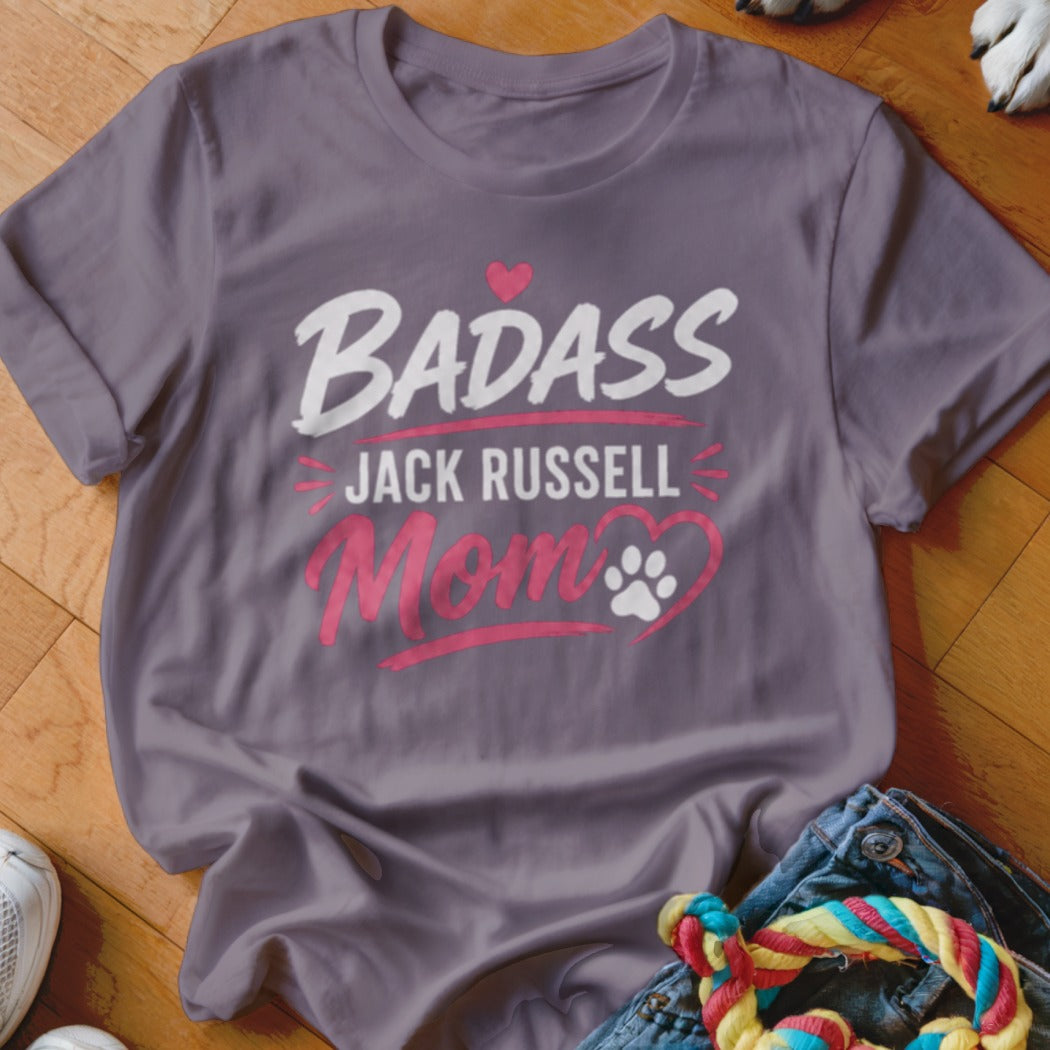 Purple t-shirt with "Badass Jack Russell Mom" text and paw print heart.