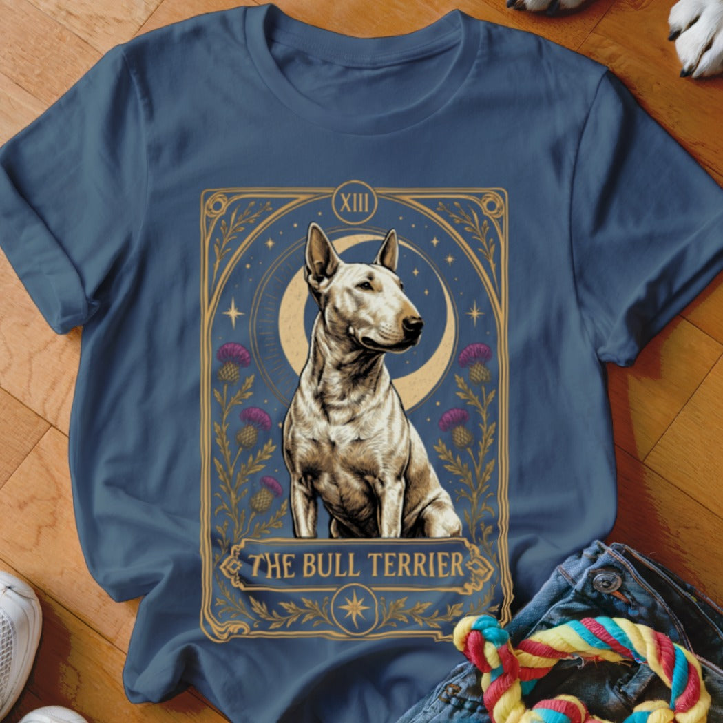 A dark blue crewneck t-shirt featuring a tarot card style graphic of a bull terrier.