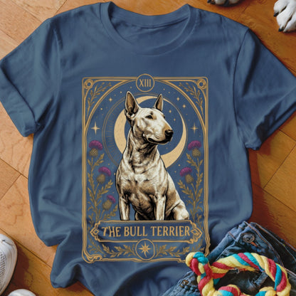 A dark blue crewneck t-shirt featuring a tarot card style graphic of a bull terrier.