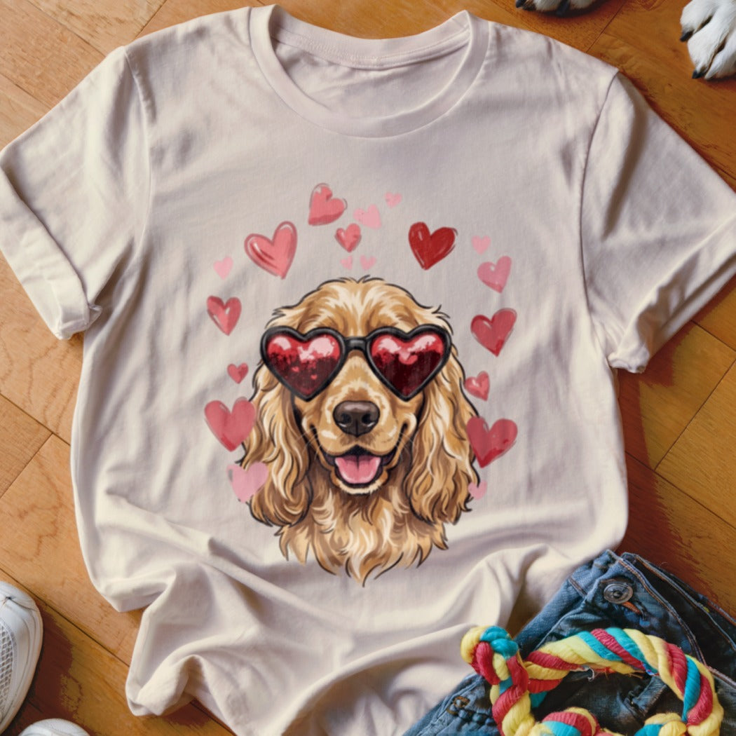 Beige t-shirt featuring a golden cocker spaniel wearing heart-shaped sunglasses surrounded by pink hearts.