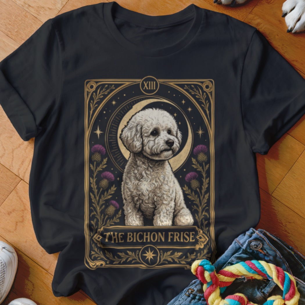 A black t-shirt features a tarot-style graphic of a Bichon Frise with thistle flowers and the text The Bichon Frise.