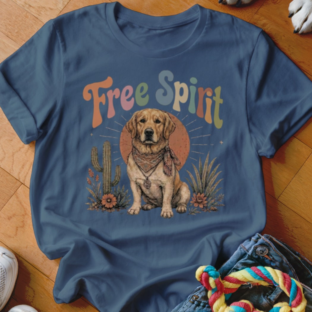 Golden retriever with bandana and peace necklace, surrounded by desert plants and text "Free Spirit".