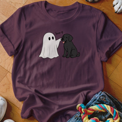 Ghost costume touching nose of black dog with "boo-p" text on plum t-shirt.