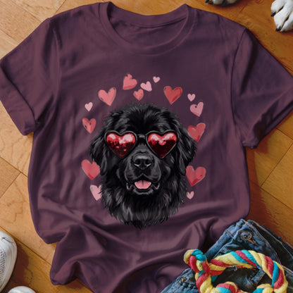 Maroon crewneck t-shirt featuring an illustration of a black dog wearing heart-shaped sunglasses surrounded by pink hearts.