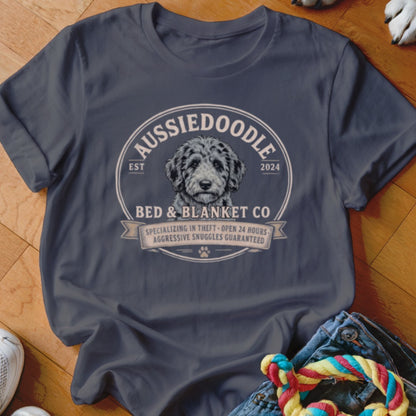 Aussiedoodle Bed & Blanket Co. shirt with a dog graphic and humorous text.