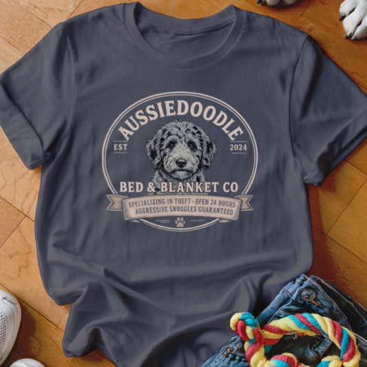 Aussiedoodle Bed & Blanket Co. shirt with a dog graphic and humorous text.