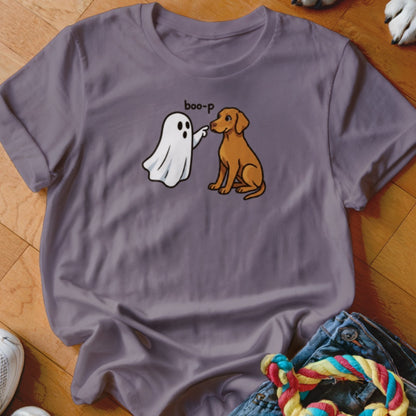 Ghost playfully boops dog's nose with text "boo-p" on a grey t-shirt.