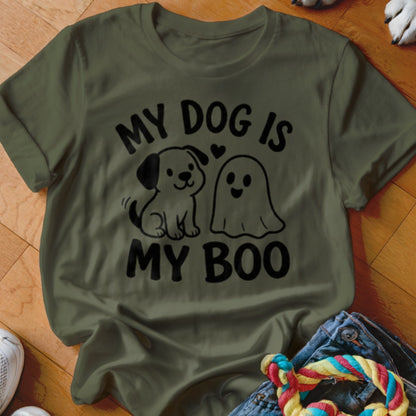 Olive green t-shirt with black text and cartoon dog and ghost.