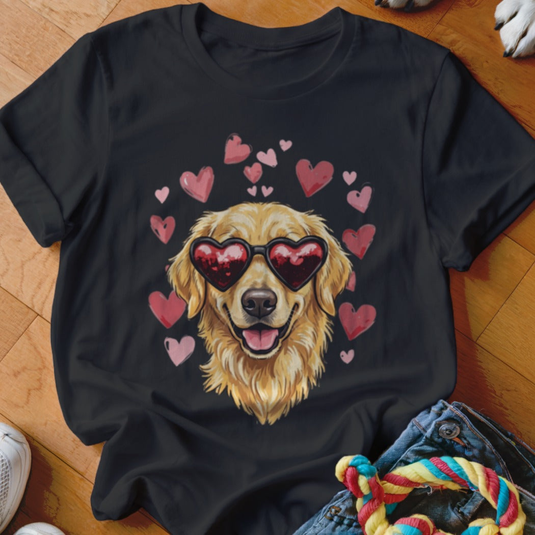 A black crewneck t-shirt featuring a Golden Retriever wearing heart-shaped sunglasses surrounded by pink hearts.