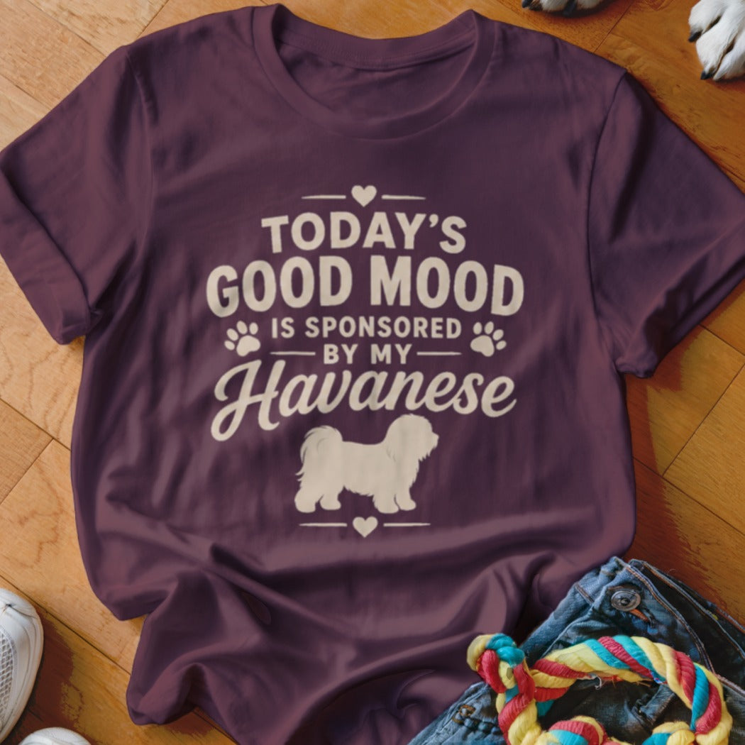 Maroon t-shirt with "Today's Good Mood Is Sponsored By My Havanese" text and dog graphic.