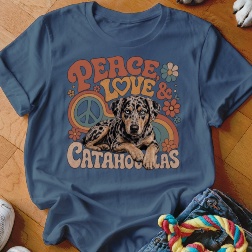 Blue t-shirt with leopard print dog and text "Peace Love & Catahoulas".